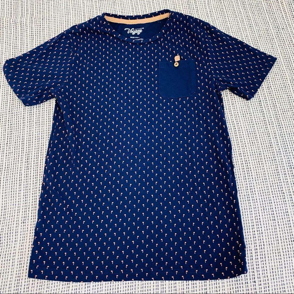 Craft and Flow navy with pink flamingo print pocket tee size large